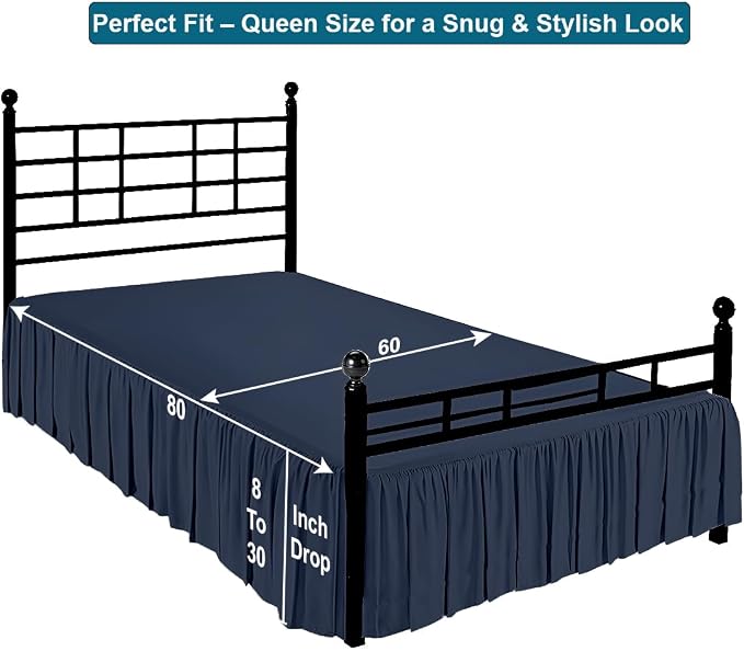 Shreem Linen Ruffled Bed Skirt with Split Corners, Gathered Style, 100% Microfiber, 18-Inch Drop, Dust Ruffle Bedskirt with Platform, Queen, Navy Blue