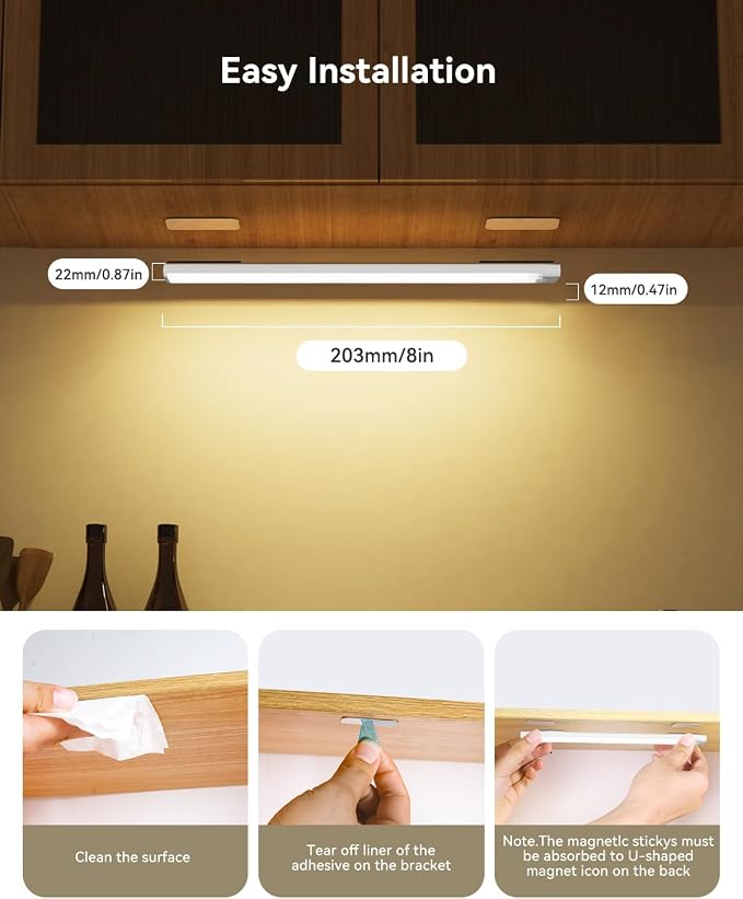 8 Inch Under Cabinet Lighting Rechargeable with Charge Station, 3Pack | Motion Sensor Light Indoor 3 Color Dimmable Closet Light, USB Stick on LED Magnetic Under Counter Lights for Kitchen Stair
