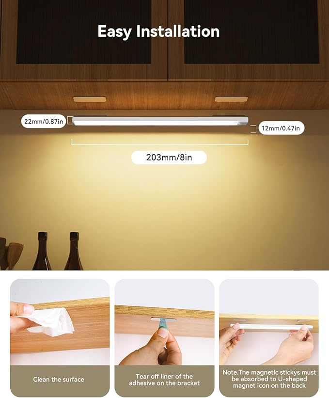 3-Pack Under Cabinet Lighting 8-Inch Rechargeable Motion Sensor Light Indoor 3 Color Dimmable Closet Light, USB Stick on LED Magnetic Under Counter Lights for Kitchen Stair