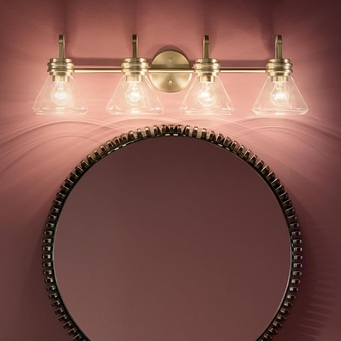 Kichler Farum 4-Light Bathroom Vanity Light, Champagne Bronze | Modern vanity light with clear glass for single or double bathroom mirrors (34" x 9.5" x 9.5"), 55156CPZCLR