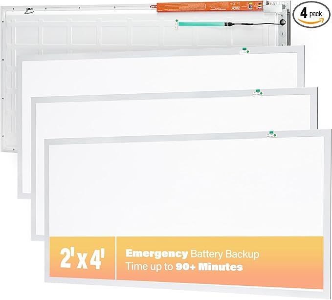 4-Pack 2x4 LED Flat Panel Light with Emergency Battery Backup, 90-Min Emergency Mode at 8W, 30W/40W/50W Wattage Switchable, 3000K/4000K/5000K Selectable, 100-277V, 0-10V Dimmable, UL & ETL