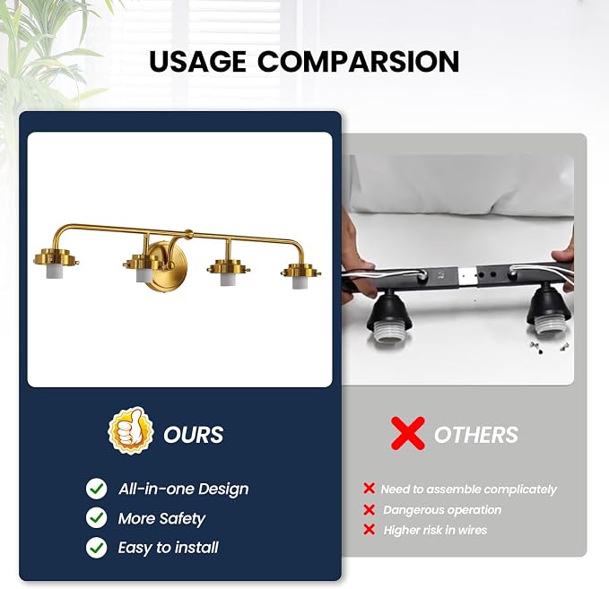 RUIYEY Bathroom Vanity Light Fixtures: 4 Lights Brushed Gold Vanity Lights for Bathroom, E26 60w Hardwired Wall Sconce Lighting with Frosted Milky Glass Over Mirror (Exclude Bulb)