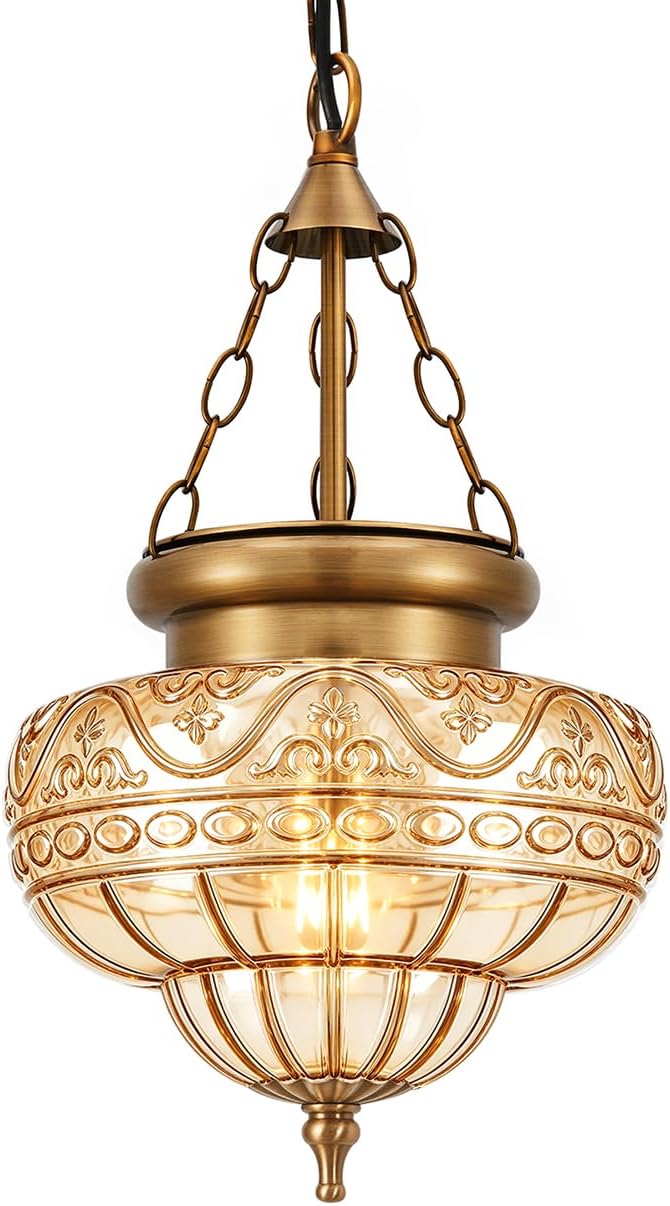 Vintage Brushed Antique Brass Pendant Light for Kitchen Island, Handblown Textured Amber Glass Hanging Light Fixture, Adjustable Height E26 Pendant Lighting for Dining Room, Entryway, Hallway