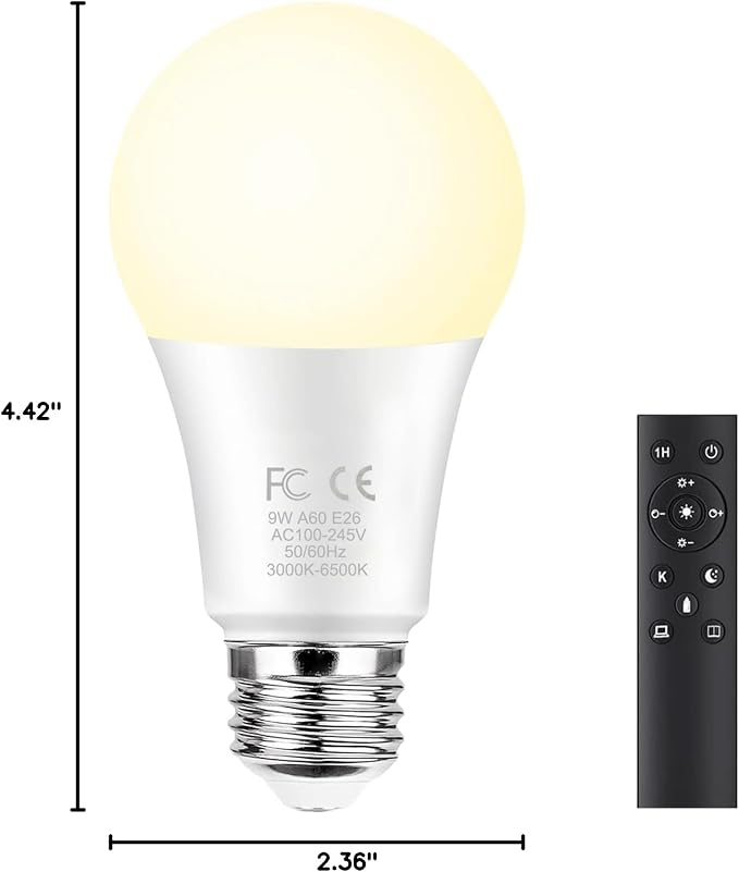 GRV E26 A60 9W Smart LED Light Bulb with a 2.4GHz Remote Control,Color Changing Led Bulbs,Stepless Dimmable 3000K-6500K,60W Incandescent Lamp Equivalent,800Lumens,Home Decor,1 Bulb & 1 Remote