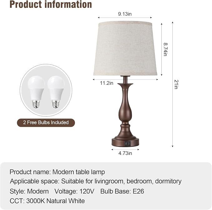 Bedside Table Lamp Touch Control Bedroom Lamps with USB A + C Charging Port 3 Way Dimmable Touch Lamps for Nightstand Living Room Bedroom Dorm Home Office Reading, Set of 2 (Beige Shade & Brown Base)