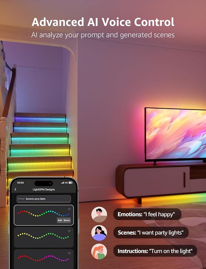 Lepro S2 AI Smart LED Strip Lights 16.4FT RGB+CCT WiFi Bluetooth for Room | 2700K-5700K tunable white,AI lighting designer,Rainbow chasing effects,Music sync,Color segment control,Smart scenes,Bedroom
