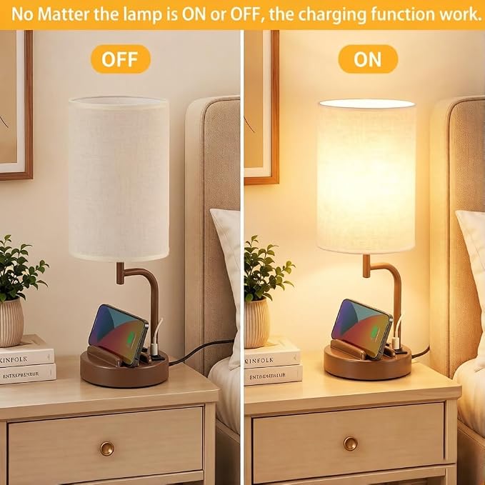 Dreamholder Touch Control USB Table Lamp with USB C/A & AC Outlet, 3-Way Dimmable Bedside Lamp, Modern Nightstand Lamps for Bedroom Living Room Guest Room Office, Bulb Included, Brown