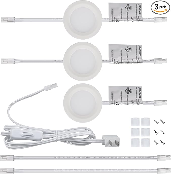 LUMILAND Wired LED Puck Lights (2.7Wx3) Plug-in Lighting Natural White (4000K), LED Cabinet Light for Kitchen Can Be Surface Mount or Recess Mount, White