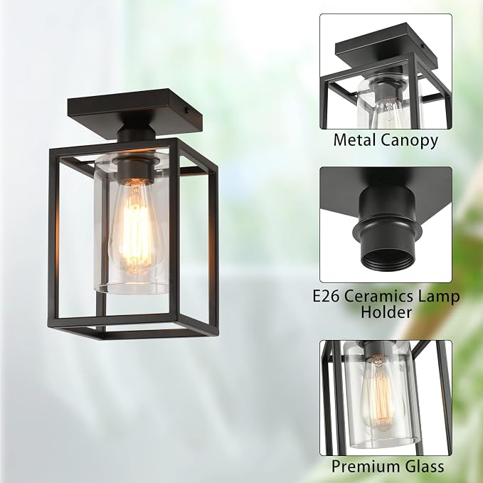 3 Pack Semi Flush Mount Ceiling Light,Black Metal Frame Ceiling Light Fixture with Clear Glass Shade, Farmhouse Light Fixture for Kitchen Island Entryway Porch Foyer