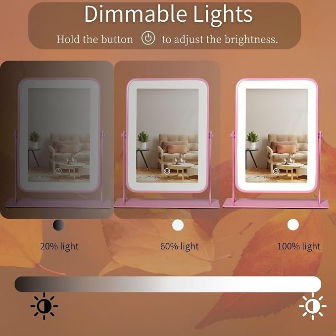 Pink LED Makeup Mirror with Lights – Rechargeable Wireless Vanity Mirror for Desk – Adjustable Brightness, 3 Color Lights Option – Ideal Gift for Women, Teens, Moms