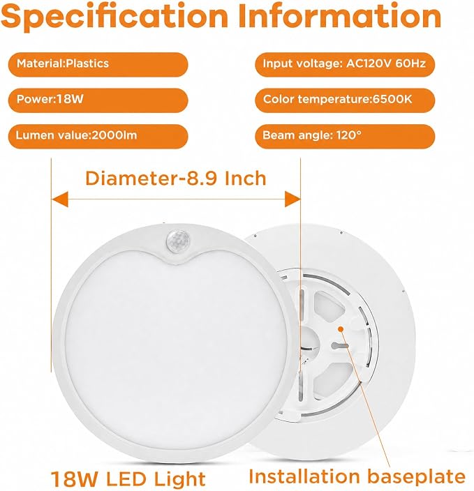 TALOYA Motion Sensor Ceiling Light,18W 6500K 8.9" LED Flush Mount,Hardwired | PIR Motion Detector, Day/Night Modes,Hardwired Ceiling Light for Closets,Hallways,Stairways, Garages,Basements,Porches