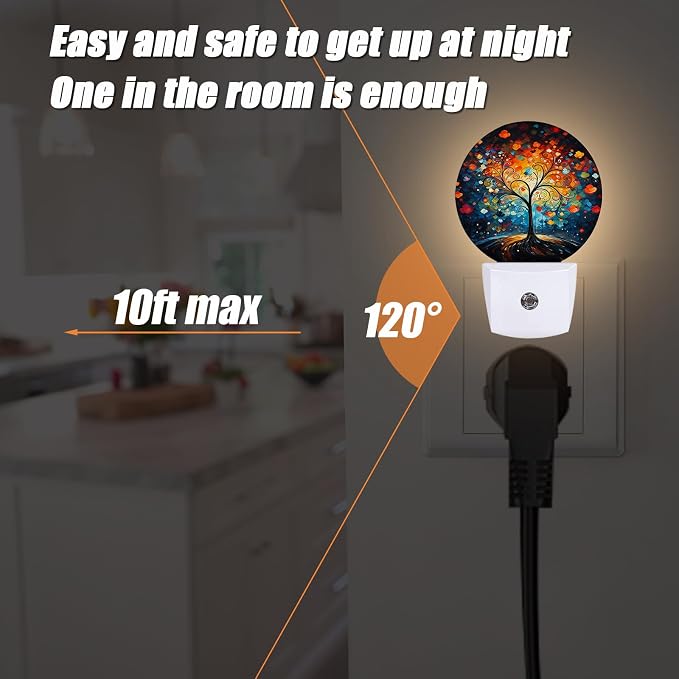 Abstract Colorful Trees Night Light,Paintings Nightlight Plug into Wall LED Lamp Auto Sensor Dusk to Dawn for Bedrooms/Kitchens/Toilets/Corridors,Energy-Saving