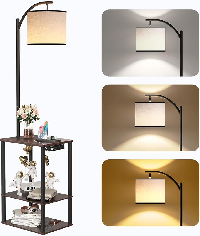 SUNMORY Floor Lamp with Table Shelves, End Side Table for Living Room | USB & AC Charging Stations, 3 Color Temperature 9W LED Bulb, Adjustable Shade, Modern Nightstand Lamps for Bedroom Office