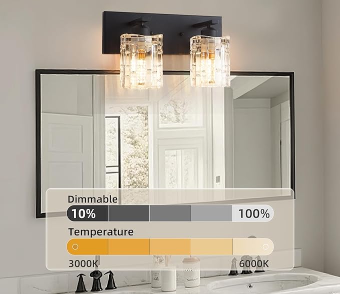 Matte Black Crystal Bathroom Vanity Light,2 Lights Modern Bathroom Wall Light,Over Mirror Light Fixtures for Living Room, Bedroom, Hallway