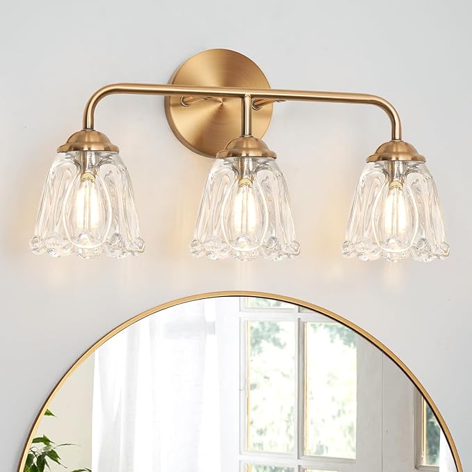 3-Light Bathroom Vanity Light Gold, Vintage Vanity Light Fixtures Over Mirror, Brass Bathroom Light with Flower Glass Shade, Art Deco Wall Sconce Lighting for Bedroom, Living Room