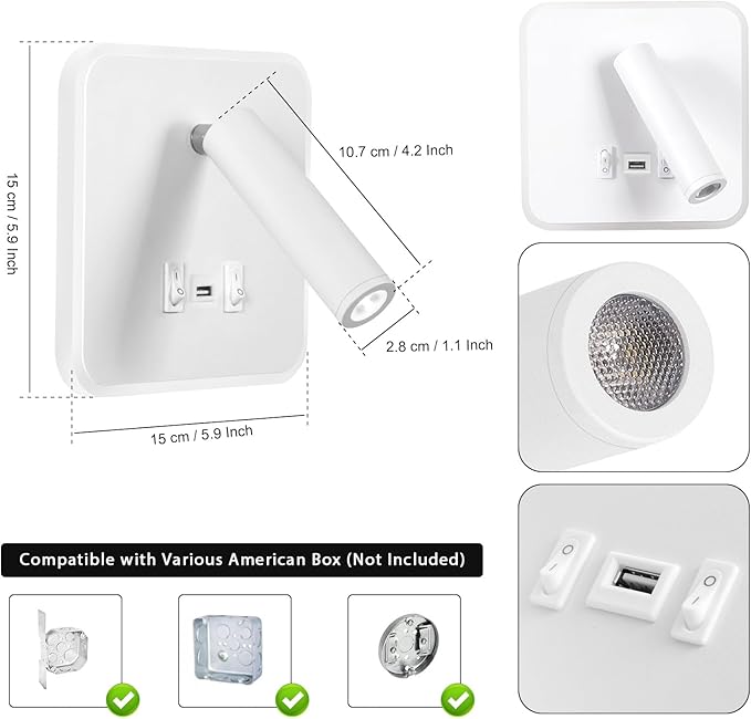 Kawell Indoor LED Wall Lamp with Switch Adjustable Bedside Wall Spotlight Modern LED Reading Wall Light with USB Charging Port for Bedroom Living Room Study Library, White(Cold White)