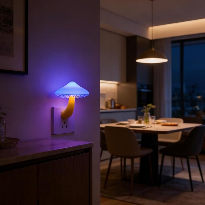 LED Mushroom Night Light Plug in Lamp Blue, 2 Pack Light Sensor Night Lights Plug into Wall, Dusk to Dawn Sensor Night Light for Adults Kids Room Bedroom Bathroom Hallway Kitchen