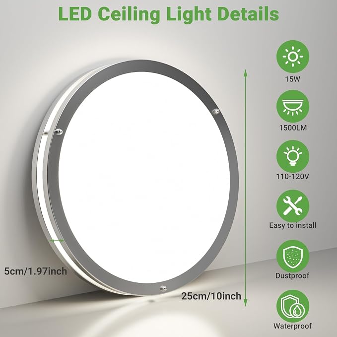 zemty 10Inch Brushed Nickel LED Flush Mount Ceiling Light Fixture, Dimmable &5CCT(3000K-6500K) Adjustable, 15W IP44 Damp-Rate Ceiling Lamp for Hallways, Bathrooms, Closets, Laundry Rooms-4Pack