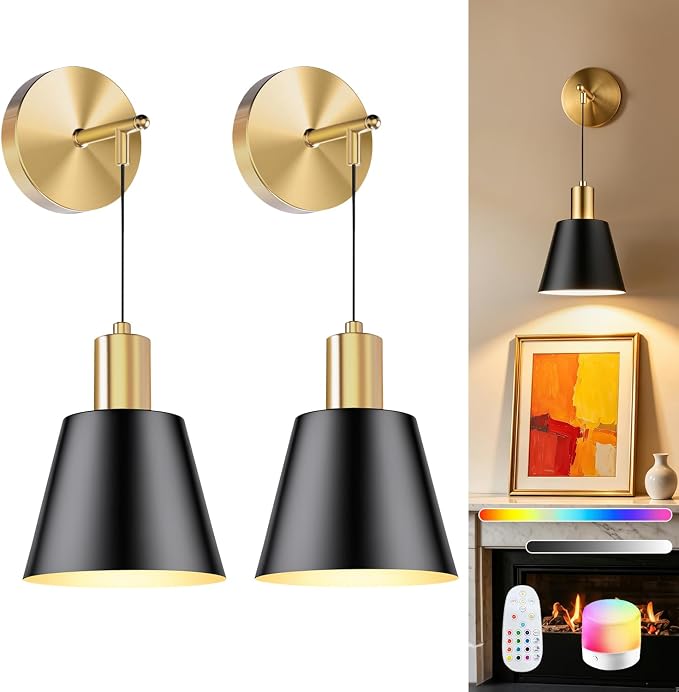 SAIMAND Battery Operated Wall Sconces Set of 2,Wireless Rechargeable Lights | Modern Cordless Wall Sconces with Remote Control, 9-Color Dimmable LED Lamps for Bedrooms, Living Rooms and Hallways (black)