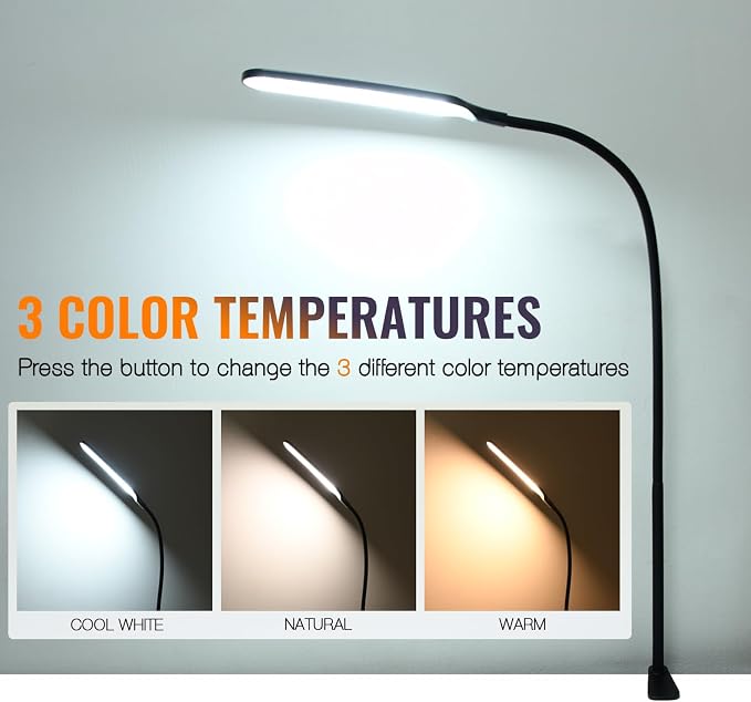 8W LED Desk Lamp with Long Gooseneck and USB Cable, 800LM | Metal Dimmable Clip on Lamp, 3 Colors and 10 Modes, Eye-Caring for Home Office Reading