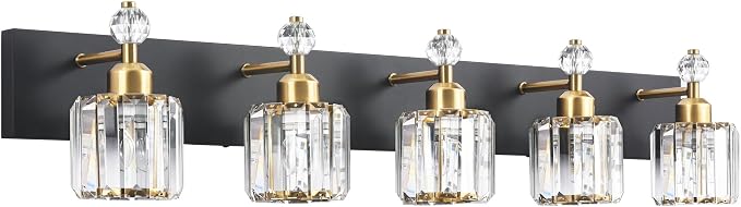 PRESDE 5-Light Crystal Bathroom Vanity Light, Modern Black and Gold Wall Sconce ， Wall Lamp for Over Mirror Bedroom Hallway