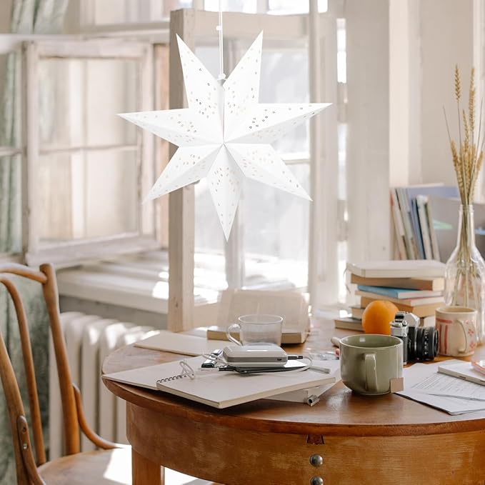 VICASKY Paper Star Lantern - Anti-Tear Reinforced Lamp Shade for Christmas Decoration: Seven-Pointed Hanging Light for Wedding Party - 17.7in White