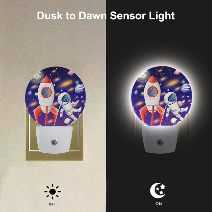 EKOBLA Astronaut Night Light, Space Rocket and Planet Cartoon Night Lights Plug Into Wall with Auto Sensor for Boys Bedroom