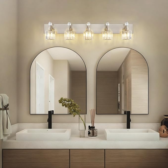 PRESDE Modern Crystal 5-Light Bathroom Light Fixtures Brushed Nickel Vanity Light for Bath Wall Lighting Over Mirror