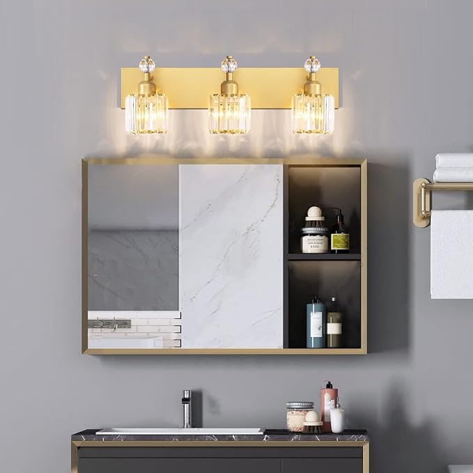 PRESDE Crystal 3 Light Vanity Light for Bathroom Gold Bathroom Lights Fixtures Over Mirror Modern Wall Sconce Lamp