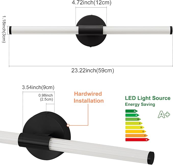Dimmable LED Bathroom Vanity Lights 360° Full Lighting Bathroom Light Fixtures Over Mirror Vanity Light Bar Modern Wall Sconce 4000K Natural White Light for Home Hardwired, Black, 23 inch