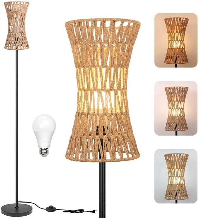 Ruiever Floor Lamp for Living Room,Farmhouse Floor lamp,Modern Standing lamp with Hand-Worked Rattan Shade (Slim Waist Rattan Shade-3 Color Bulb)