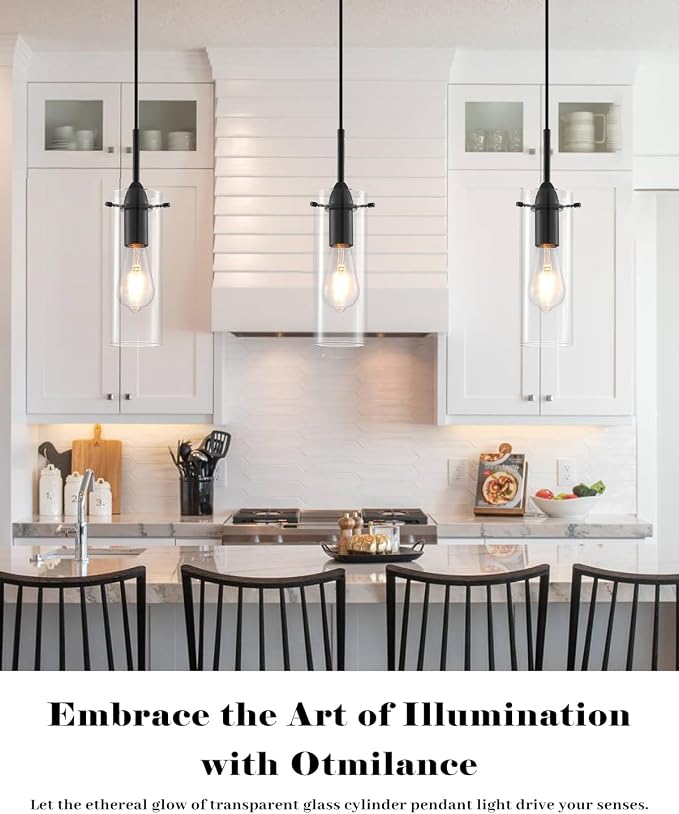 Black Pendant Lights Kitchen Island 3 Packs, Clear Glass Pendant Light, Modern Glass Pendant Light Fixture, Industrial Pendant Lights for Kitchen Island, Living Room, Bedroom, Dining Room