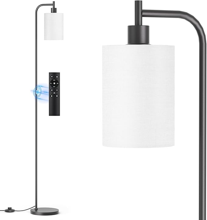 Floor Lamp with Linen Shade, Dimmable Tall Standing Lamp with Remote Control & 3 Color Temperatures, Modern Floor Lamps for Living Room Bedroom Office Corner, 9W LED Bulb Included