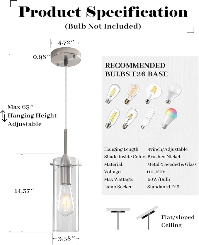 Chrome Pendant Lights Kitchen Island 3 Packs, Glass Pendant Light, Modern Clear Glass Pendant Light Fixture, Pendant Lights for Kitchen Island, Living Room, Bathroom