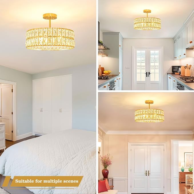 Lxybcce Crystal Ceiling Light Fixture, Modern Brushed Gold Ceiling Light Chandelier, Semi Flush Mount Chandelier Lighting Fixture for Kitchen Entryway Living Room Dining Room, 5-Light, 16 Inch