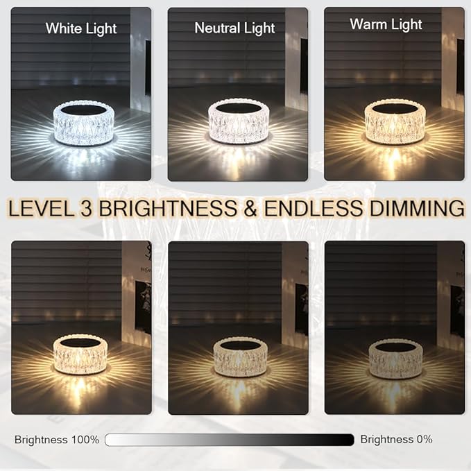 Portable Crystal LED Table Lamp, 3-Levels Brightness Desk Lamp,3 Color Touch Control Rechargeable Lamp for Bedroom Living Room Decor (3 Color)