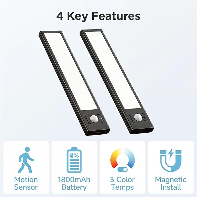 2Pack Under Cabinet Lighting Rechargeable -10" Ultra-Thin Black 3 Color Temps Super Bright, Motion Sensor, Long Lasting - Easy Installation Magnetic Under Closet Lights