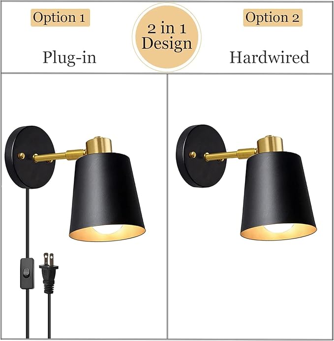 Yollzey Plug in Wall Sconces, Rotatable Angle Black Wall Lamp with Plug in Cord Metal Vintage Industrial Wall Mounted Light Reading Light for Bedroom Bedside Doorway(2 Pack)