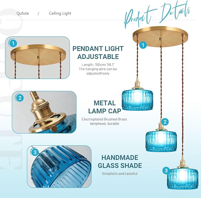 Mid Century 3-Light Blue Glass Chandelier Globe Cluster Chandeliers with Striped Round Shade Modern Large Glass Ceiling Pendant Light Fixtures for Kitchen Island Staircase Dining Room