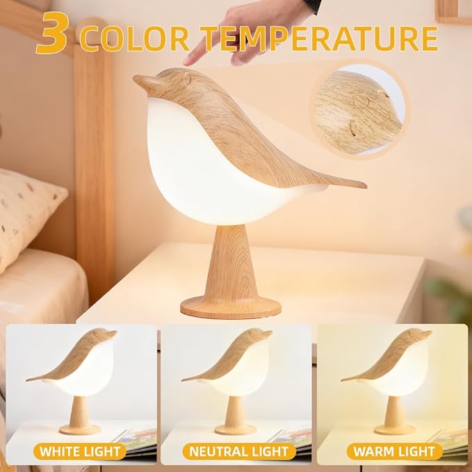 Bird Cordless Table Lamp, Small Cordless Bedside Lamp with 3 Color Temperature, Touch Sensor & Rechargeable Battery - Night Light for Kids, Bedroom, Bedside (Light+Light)