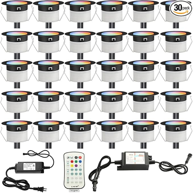 Sumaote LED Deck Lights Kit RGBW 30pcs Φ1.22 Low Voltage Recessed Deck Lamp In-ground Lights Waterproof Outdoor Yard Path Stairs Steps Landscape Decor, Multicolor & Warm White Lighting, Black Shell