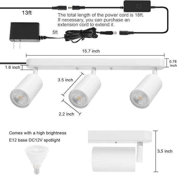 Plug in Track Lighting Track Light Fixtures with Power Cord Wall Spotlight Flexibly Rotatable Heads Plug in Ceiling Lights for Kitchen Cabinet Gallery Bar Living Room 15W 3000K(White, 3 Heads)