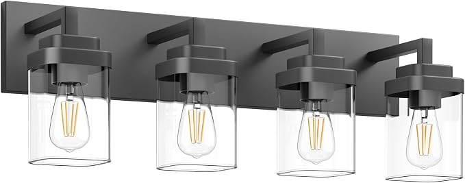 Bathroom Vanity Light, Clear Glass Shade 4 Lights Morden Bathroom Lighting Fixtures Over Mirror, Black Bathroom Light Vanity Fixtures for Bathroom/Living Room/Bedroom