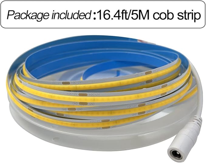 HAMRVL COB LED Strip Lights White 6000K,DC12V 16.4ft/5M 320leds/M CRI90 Flexible LED Tape Lights 8mm,for Indoor Home Cabinet,Bedroom, Kitchen, Stage, Backlight DIY Lighting(Without Power Supply)