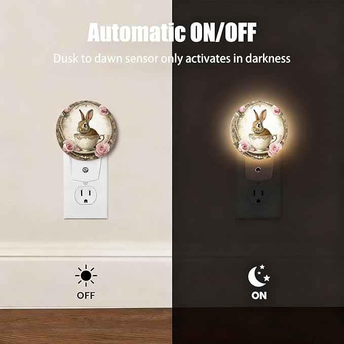Mugod Rabbit Plug-in Nightlights Vintage Teacup Bunny and Roses Night Light Plug into Wall with Dusk-to-Dawn Sensor LED Lighting 0.5W Sleep-Friendly