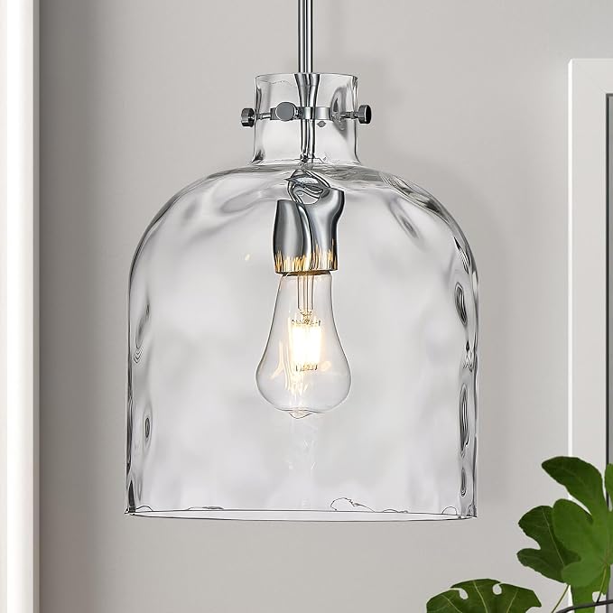 Chrome Pendant Light for Kitchen Island – 10" Modern Glass Dome Hanging Light Fixture, Single E26 Ceiling Pendant Lamp for Dining Room, Hallway, Bedroom