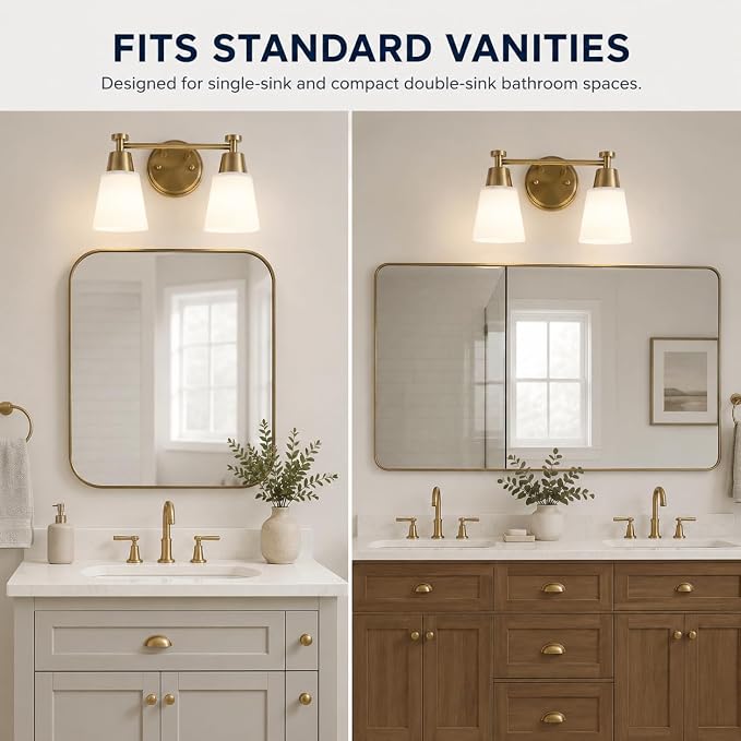 2-Light Bathroom Vanity Light, Gold Finish with Milk Glass Shades, Over Mirror, for Bathroom Vanity