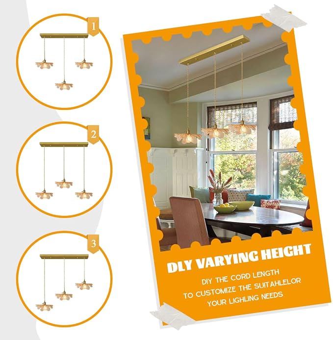 3-Light Vintage Petal Glass Ceiling Hanging Light Adjustable Gold Brass Chandelier Amber Glass Shade LED Linear Island Light for Dining Room Farmhouse, Indoor Cluster Lighting