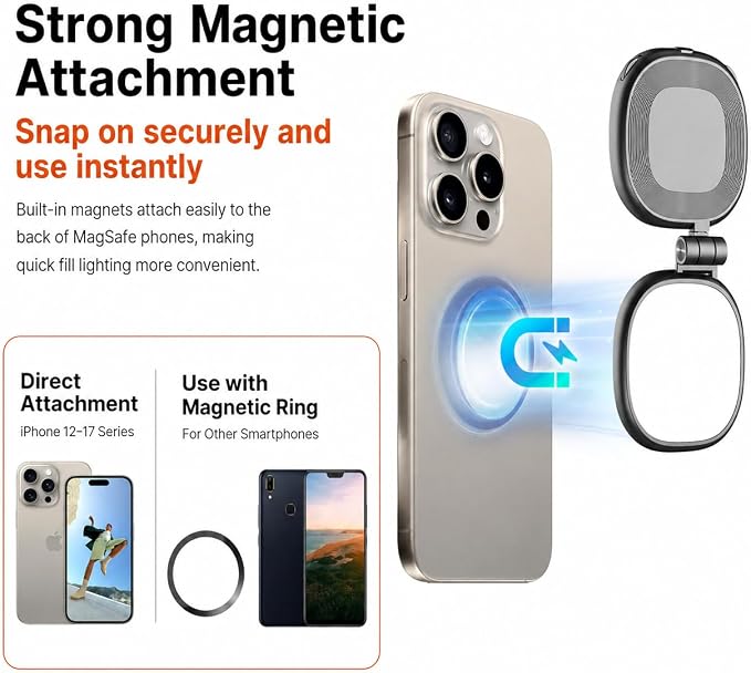 Magnetic Selfie Light Compatible with MagSafe, Foldable LED Phone Light with Mirror, 72 LEDs Stepless Brightness & Color Temperature, 360° Rotating Fill Light for Selfies, Makeup, TikTok, Zoom