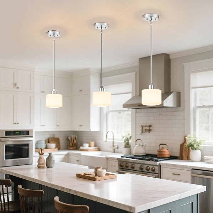 Milk Glass Pendant Lights Kitchen Island 2 Pack, Modern Brushed Nickel Hanging Light Fixtures with Rods, Mini Kitchen Pendant Lighting Over Island for Sink Bathroom, OS-YQ8153-2PBN